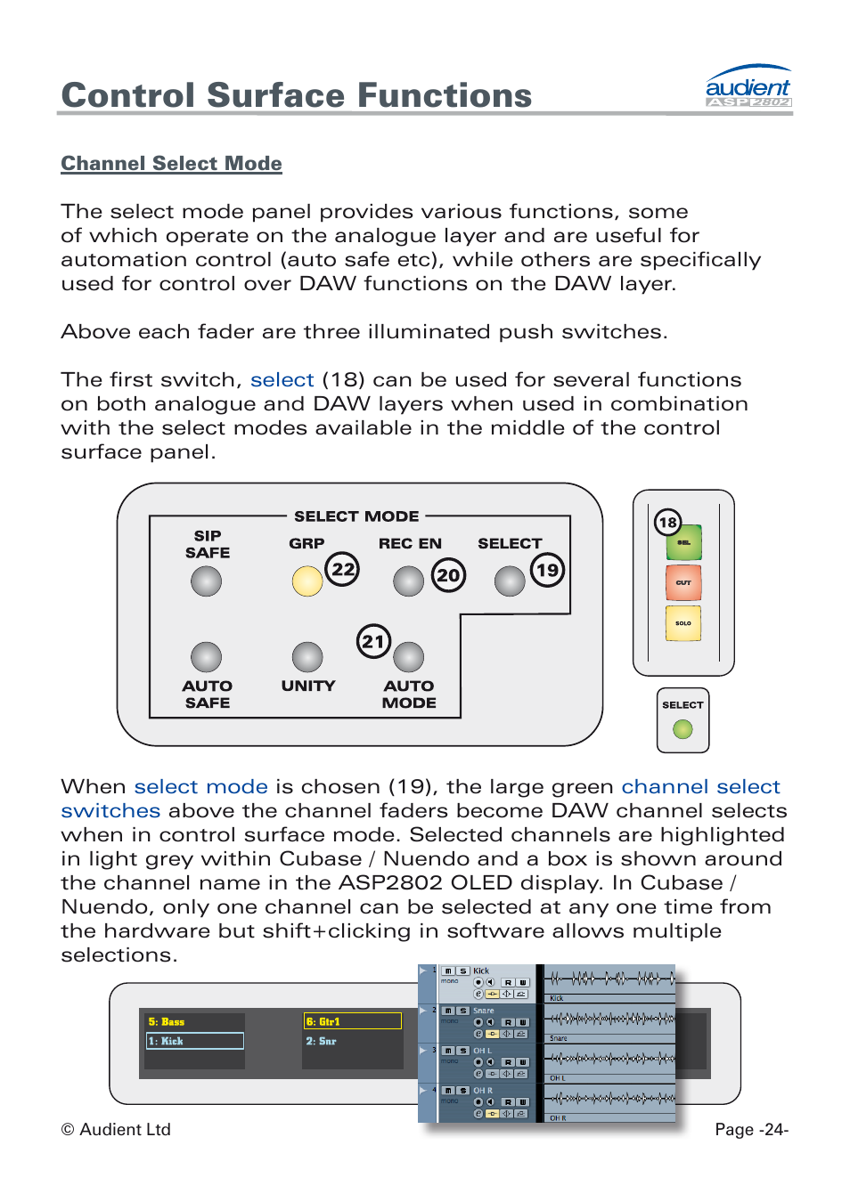 Channel select mode, Control surface functions | Audient ASP8024 Dual Layer Control Module User Manual | Page 24 / 39