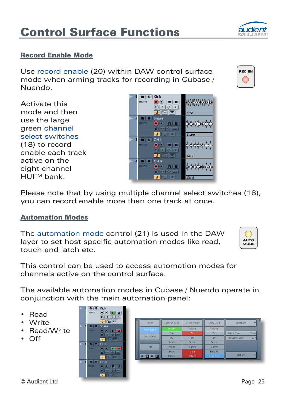 Record enable mode, Automation modes, Control surface functions | Audient ASP8024 Dual Layer Control Module User Manual | Page 25 / 39