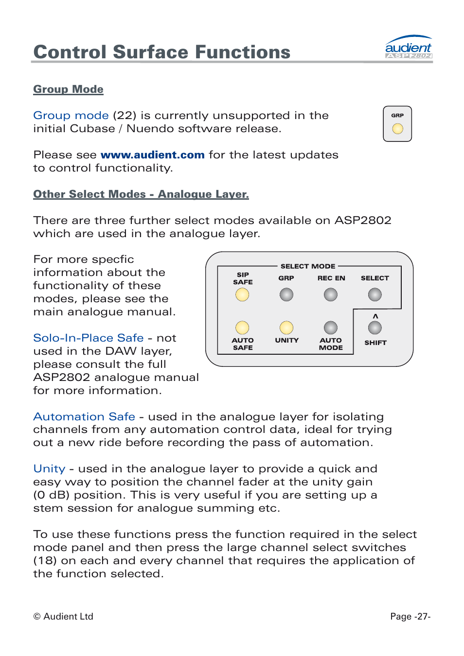 Group mode, Control surface functions | Audient ASP8024 Dual Layer Control Module User Manual | Page 27 / 39