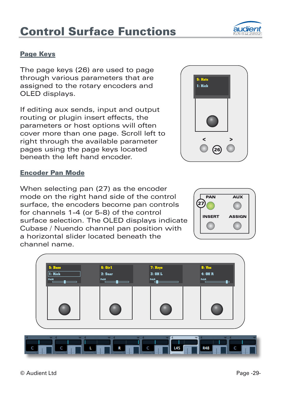 Encoder pan mode, Control surface functions | Audient ASP8024 Dual Layer Control Module User Manual | Page 29 / 39