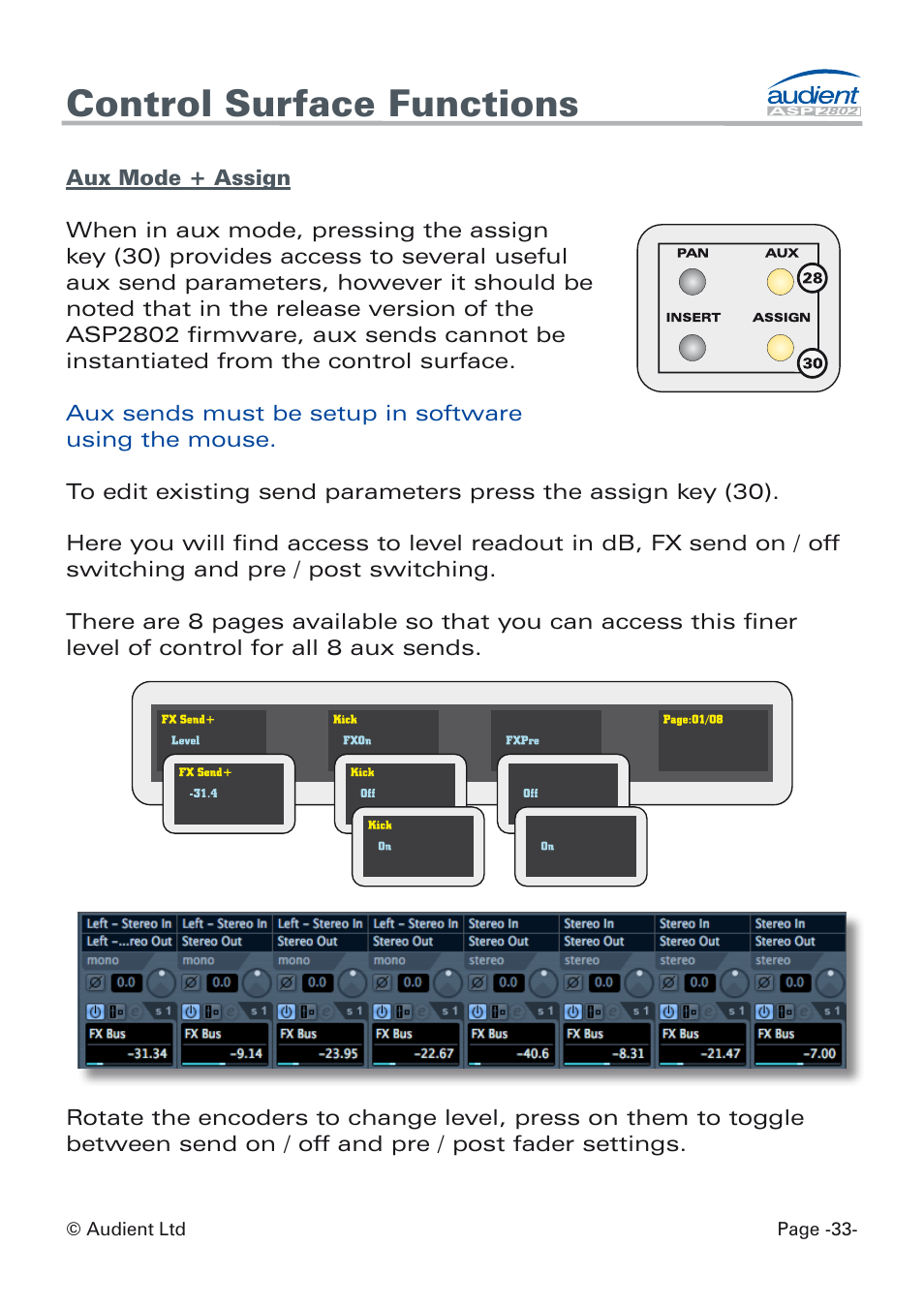 Aux assign mode, Control surface functions | Audient ASP8024 Dual Layer Control Module User Manual | Page 33 / 39