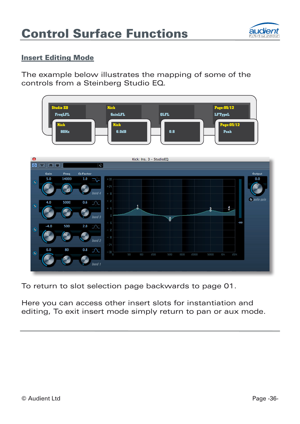 Insert editing mode, Control surface functions | Audient ASP8024 Dual Layer Control Module User Manual | Page 36 / 39