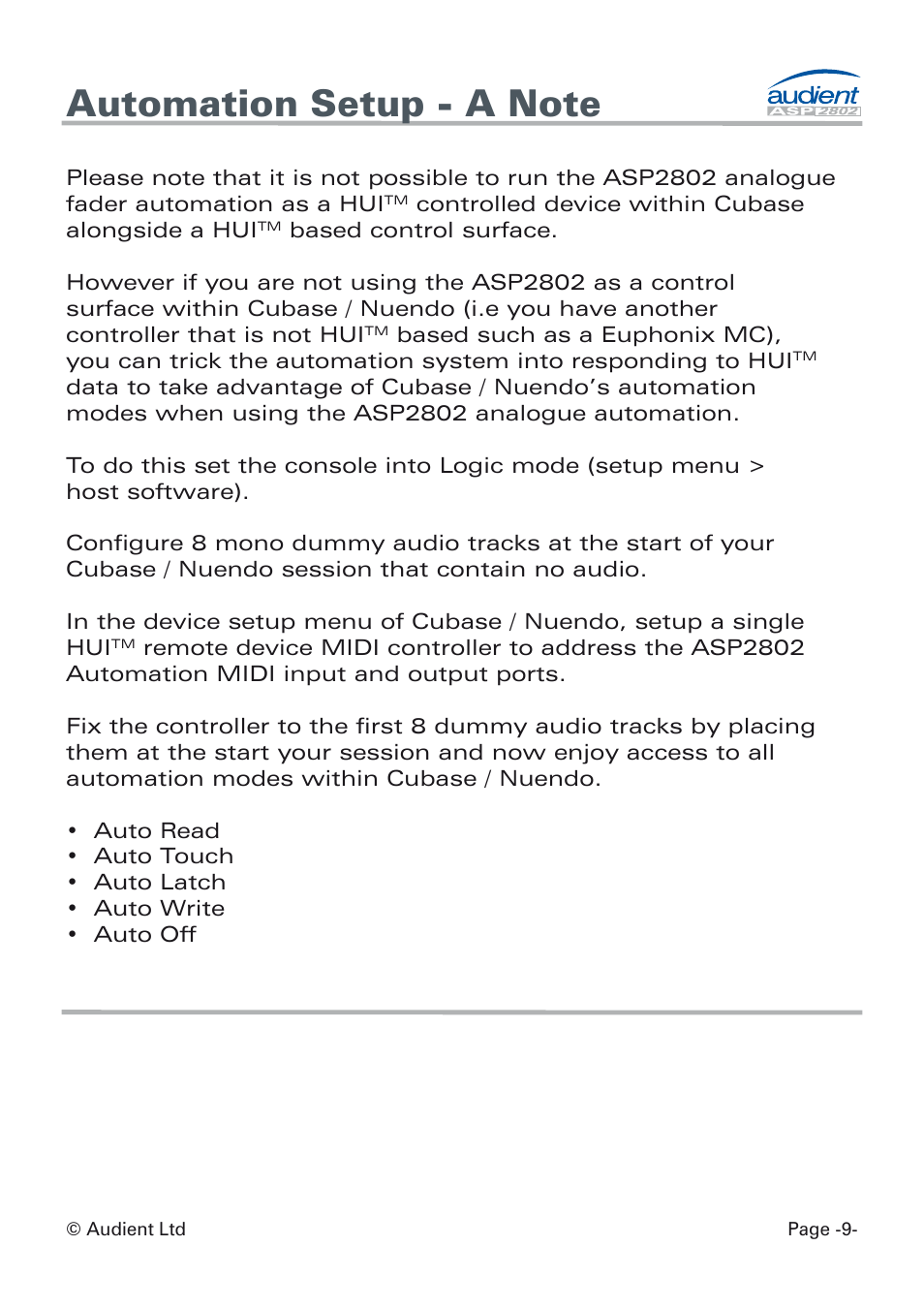 Hui automation (option) | Audient ASP8024 Dual Layer Control Module User Manual | Page 9 / 39