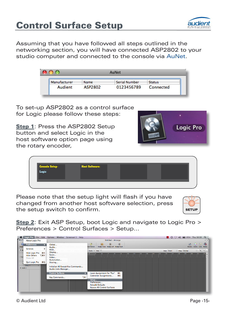 Control surface setup | Audient ASP8024 Dual Layer Control Module User Manual | Page 15 / 47