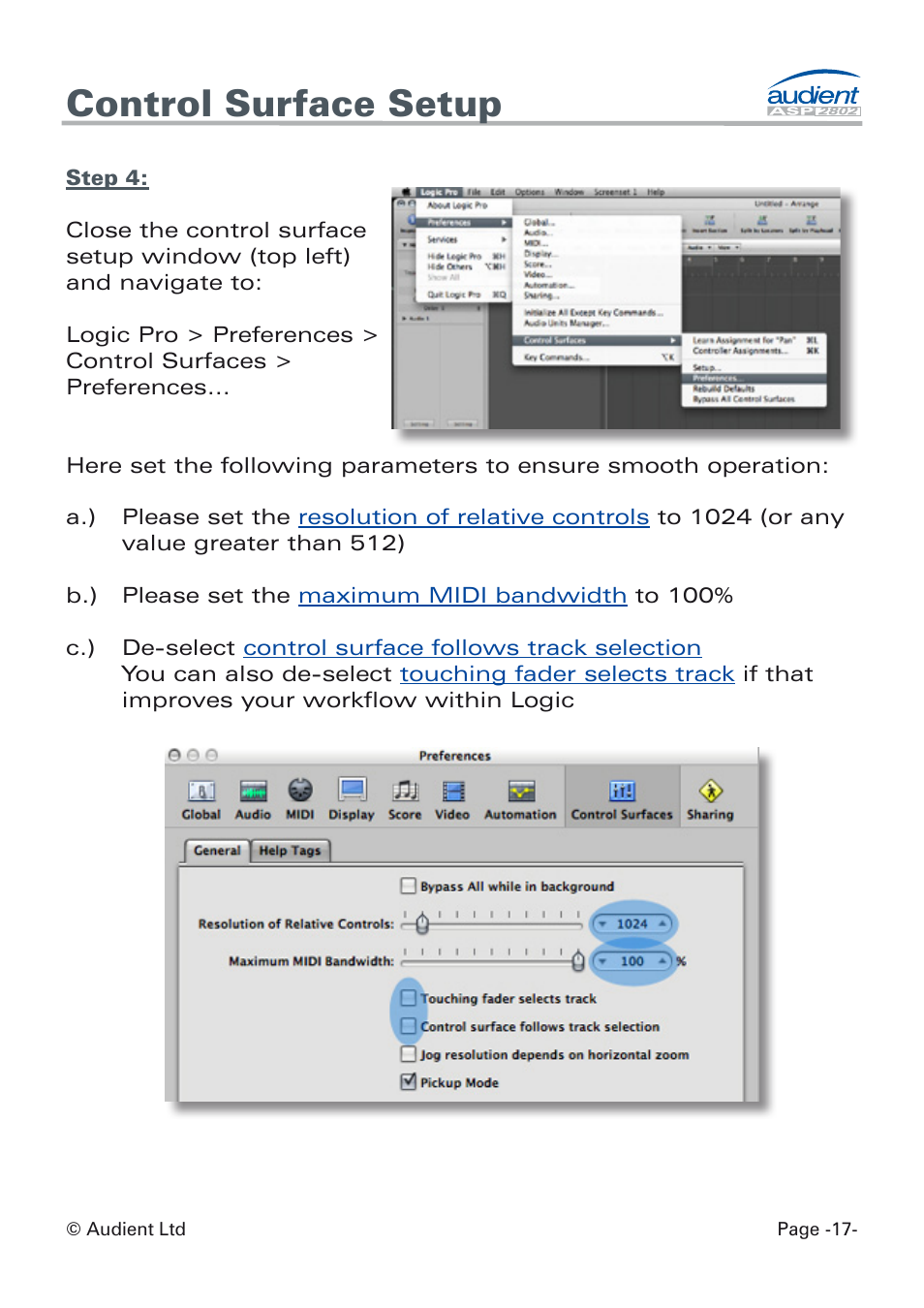 Control surface setup | Audient ASP8024 Dual Layer Control Module User Manual | Page 17 / 47