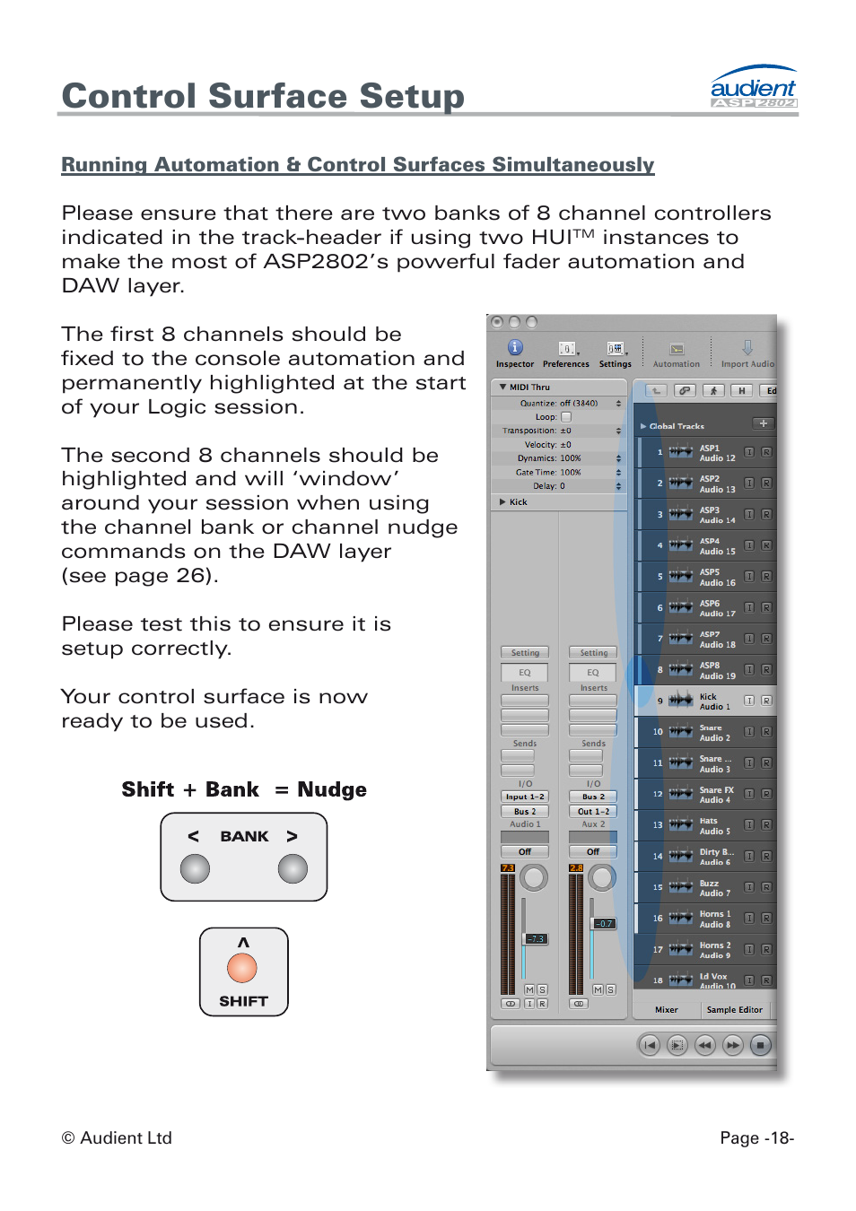 Running simultaneous automation + control surface, Control surface setup | Audient ASP8024 Dual Layer Control Module User Manual | Page 18 / 47