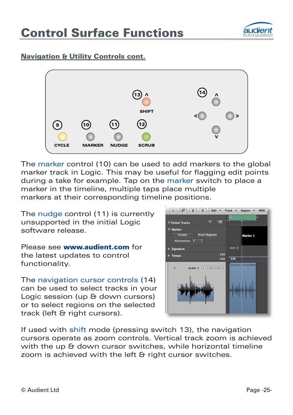Marker, nudge + shift, Control surface functions | Audient ASP8024 Dual Layer Control Module User Manual | Page 25 / 47