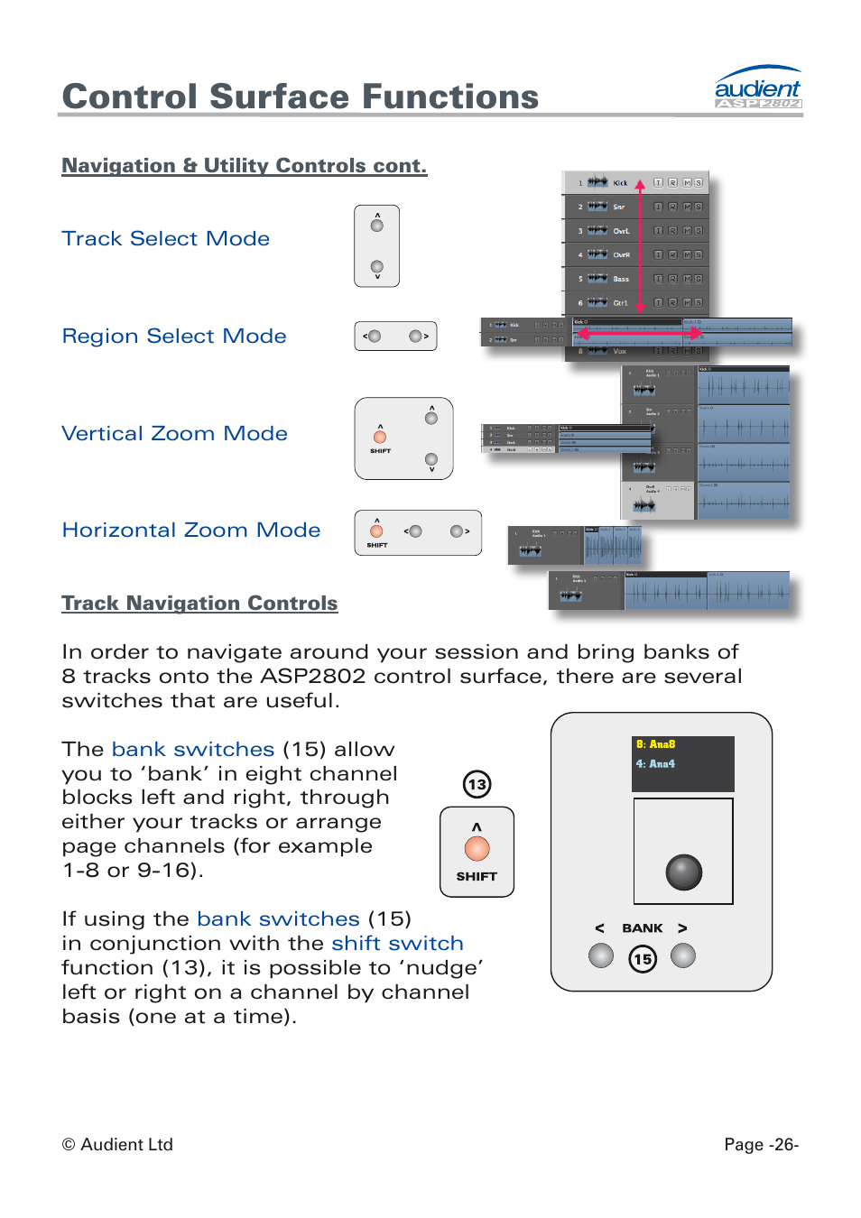 Track navigation + zoom, Control surface functions | Audient ASP8024 Dual Layer Control Module User Manual | Page 26 / 47