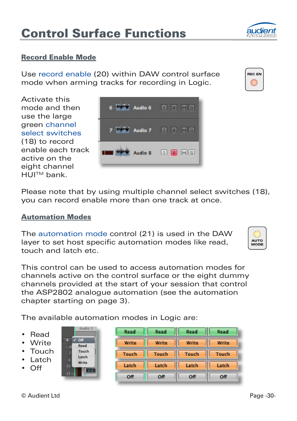 Record enable mode, Automation modes, Control surface functions | Audient ASP8024 Dual Layer Control Module User Manual | Page 30 / 47