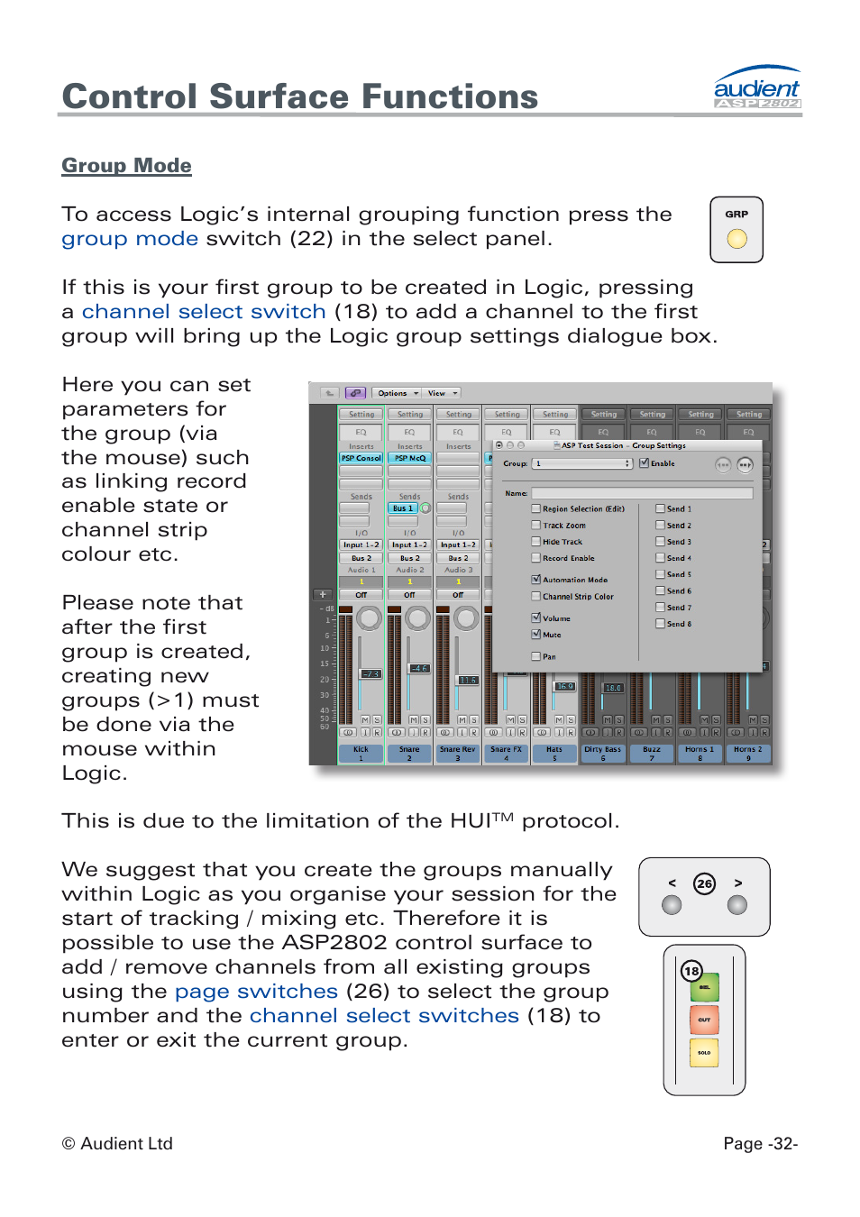 Group mode, Control surface functions | Audient ASP8024 Dual Layer Control Module User Manual | Page 32 / 47