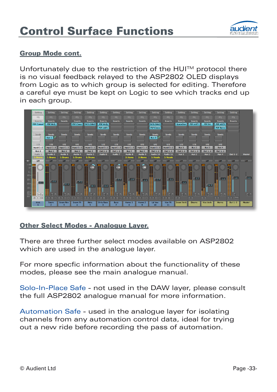 Other select modes (analogue layer), Control surface functions | Audient ASP8024 Dual Layer Control Module User Manual | Page 33 / 47