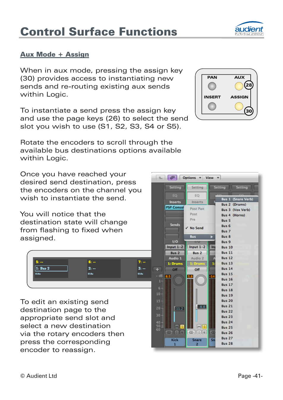 Aux assign mode, Control surface functions | Audient ASP8024 Dual Layer Control Module User Manual | Page 41 / 47