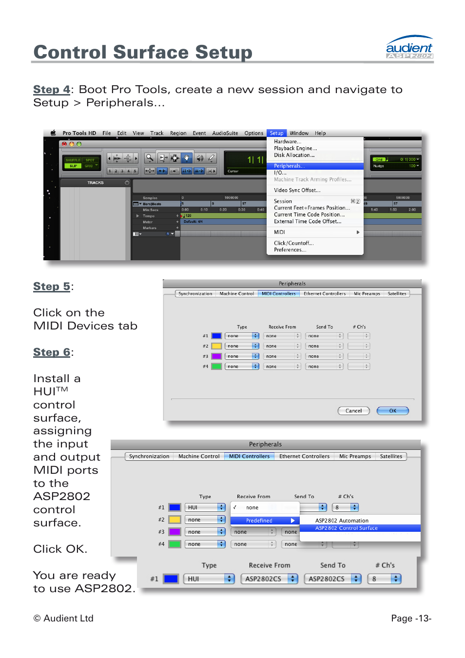 Control surface setup | Audient ASP8024 Dual Layer Control Module User Manual | Page 13 / 42