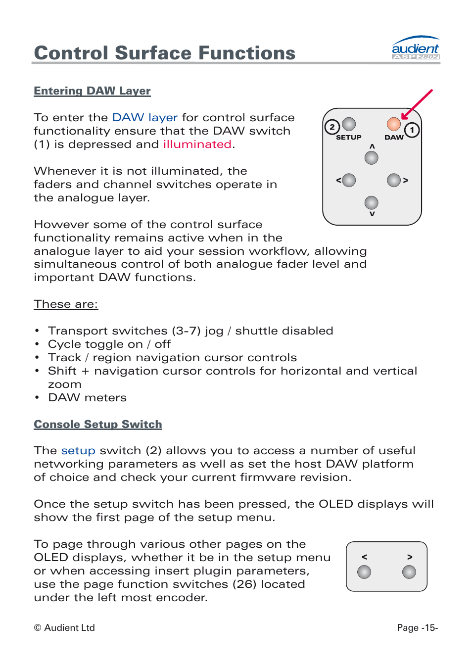 Daw layer + setup, Control surface functions | Audient ASP8024 Dual Layer Control Module User Manual | Page 15 / 42