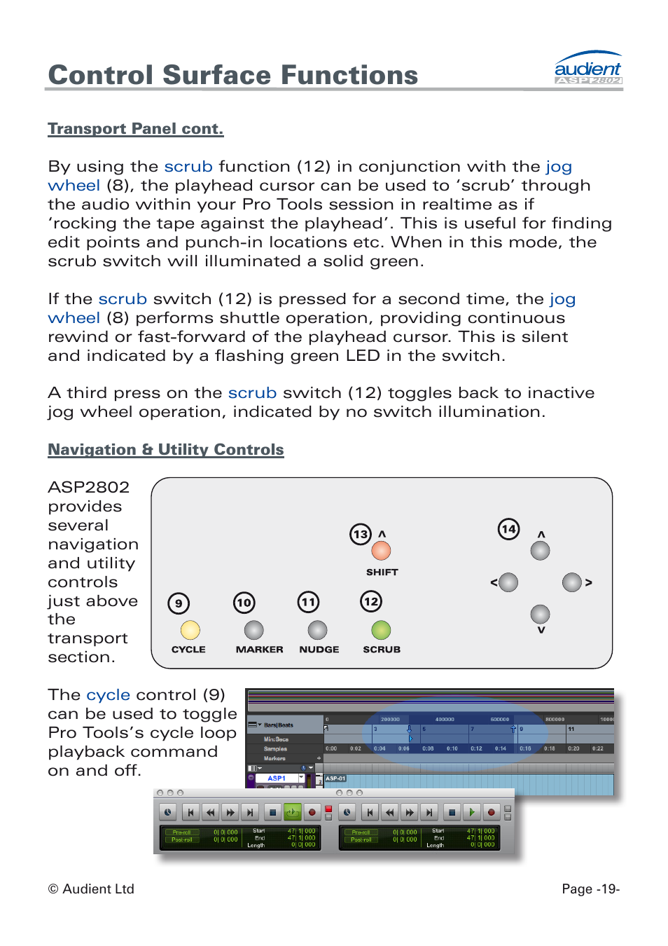 Navigation + utility controls, Cycle, Control surface functions | Audient ASP8024 Dual Layer Control Module User Manual | Page 19 / 42