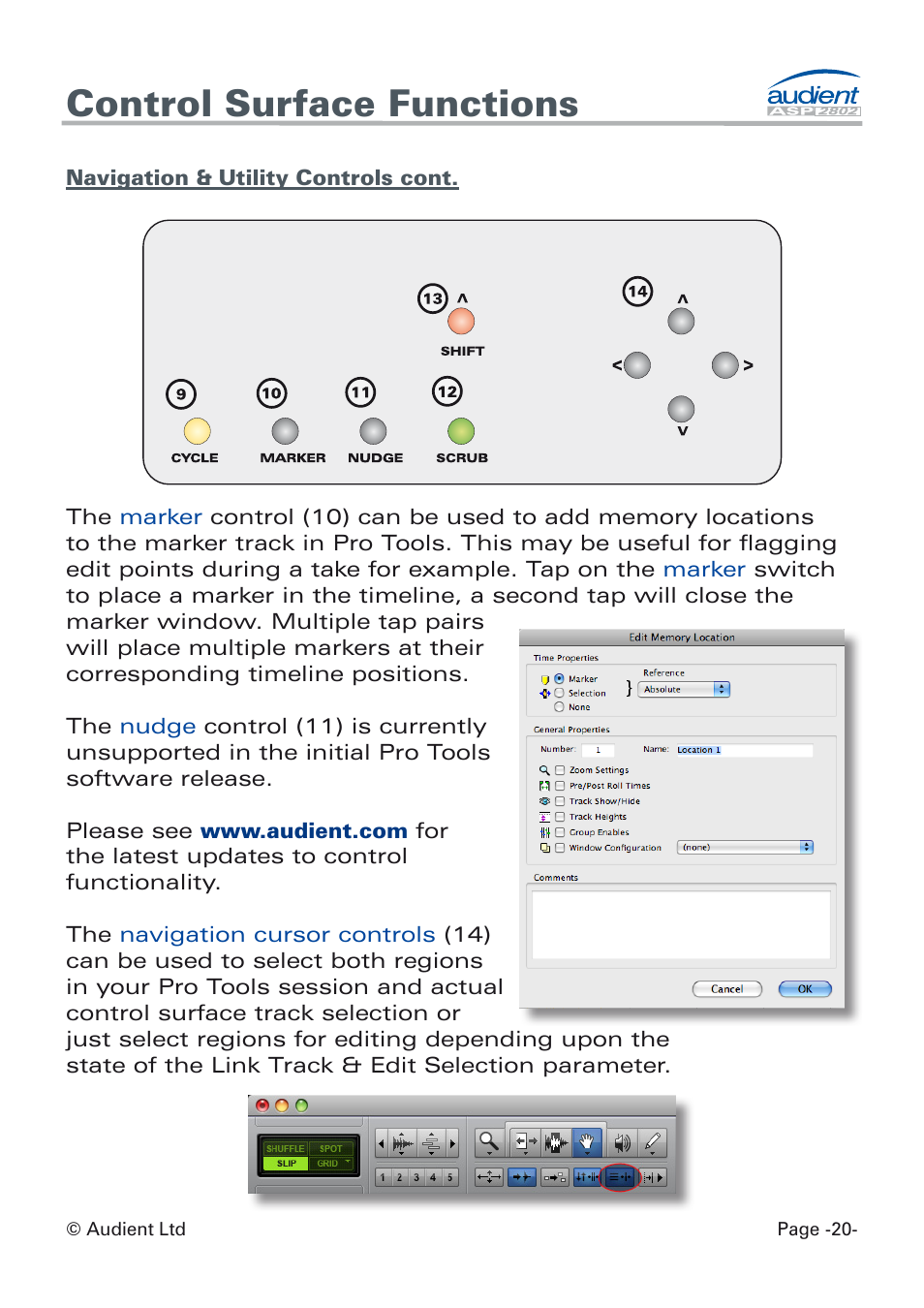 Marker, nudge + navigation cursors, Control surface functions | Audient ASP8024 Dual Layer Control Module User Manual | Page 20 / 42
