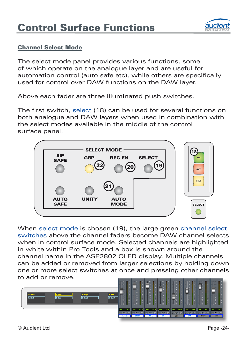 Channel select mode, Control surface functions | Audient ASP8024 Dual Layer Control Module User Manual | Page 24 / 42