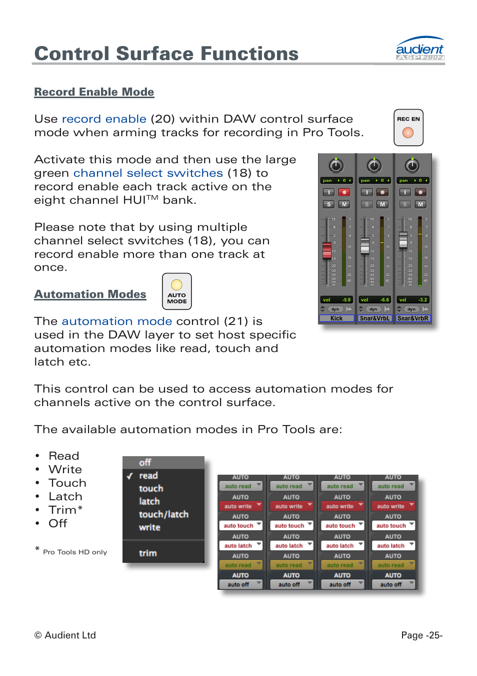 Record enable mode, Automation modes, Control surface functions | Audient ASP8024 Dual Layer Control Module User Manual | Page 25 / 42