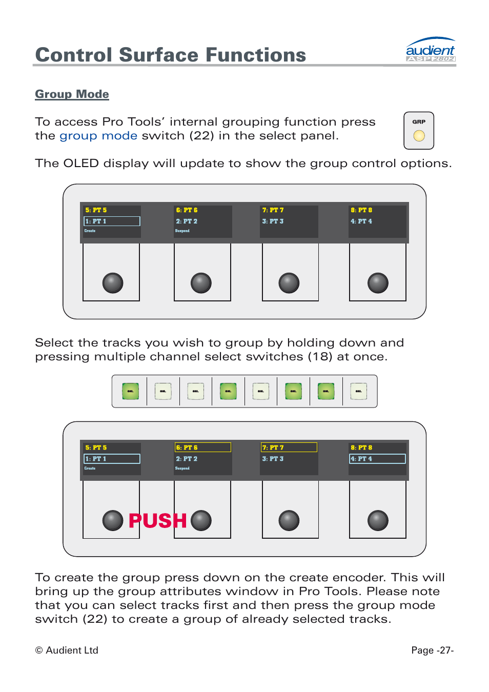 Group mode, Control surface functions | Audient ASP8024 Dual Layer Control Module User Manual | Page 27 / 42