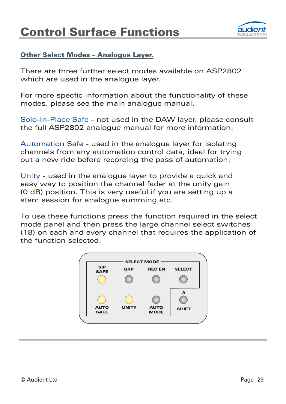 Other select modes (analogue layer), Control surface functions | Audient ASP8024 Dual Layer Control Module User Manual | Page 29 / 42