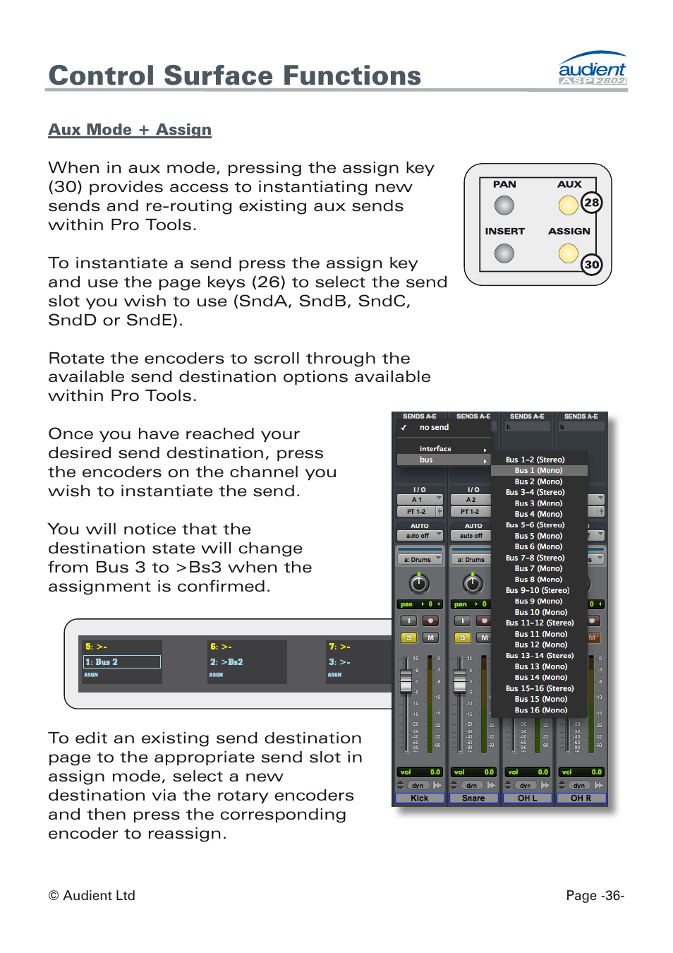 Aux assign mode, Control surface functions | Audient ASP8024 Dual Layer Control Module User Manual | Page 36 / 42