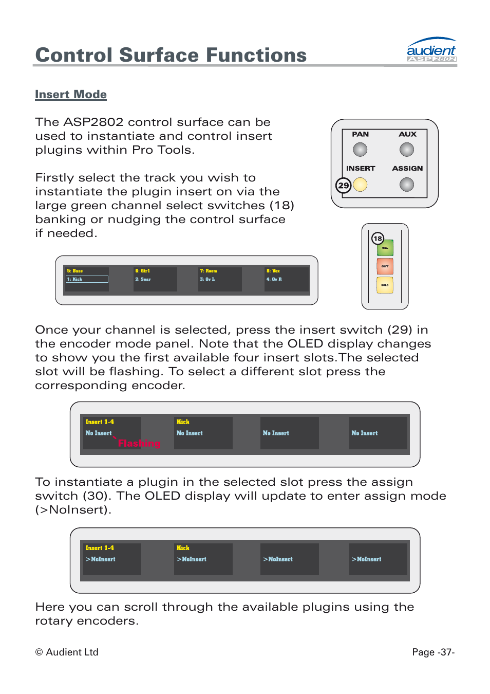 Insert mode, Control surface functions | Audient ASP8024 Dual Layer Control Module User Manual | Page 37 / 42