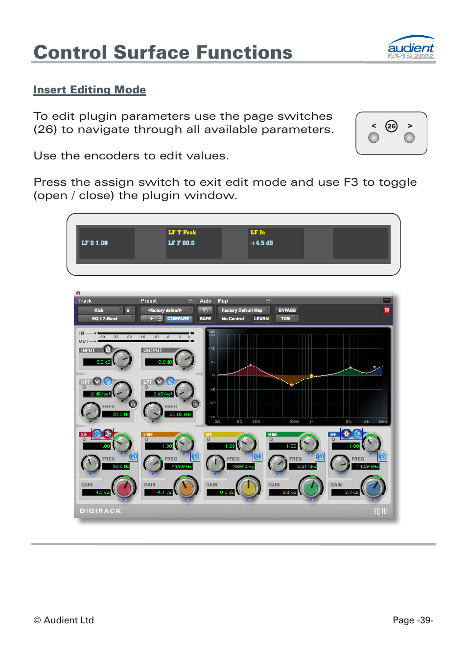 Insert parameter edit mode, Control surface functions | Audient ASP8024 Dual Layer Control Module User Manual | Page 39 / 42