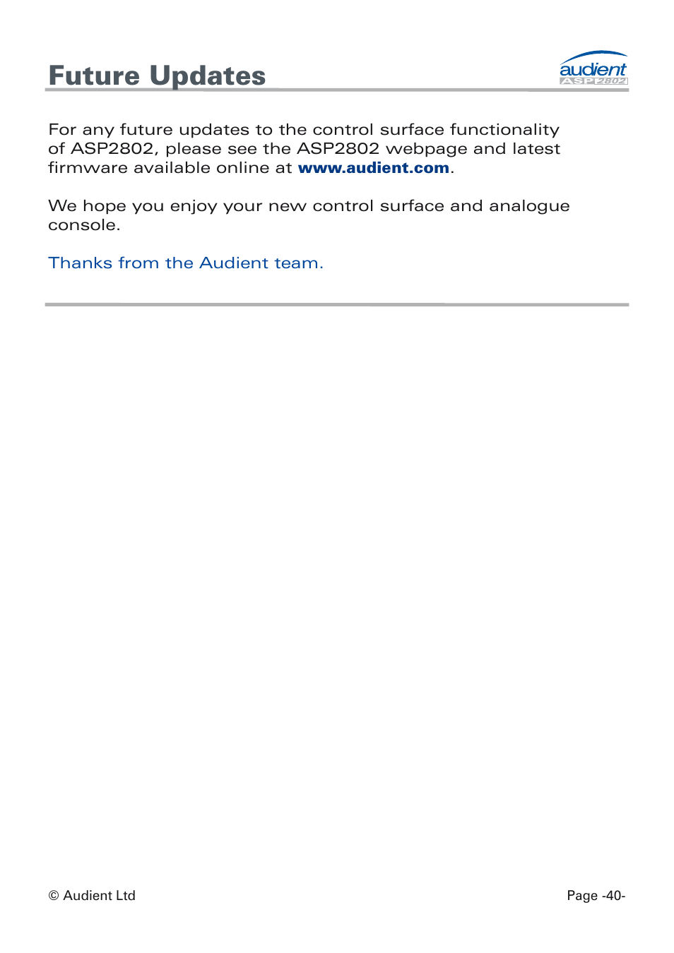Future updates | Audient ASP8024 Dual Layer Control Module User Manual | Page 40 / 42