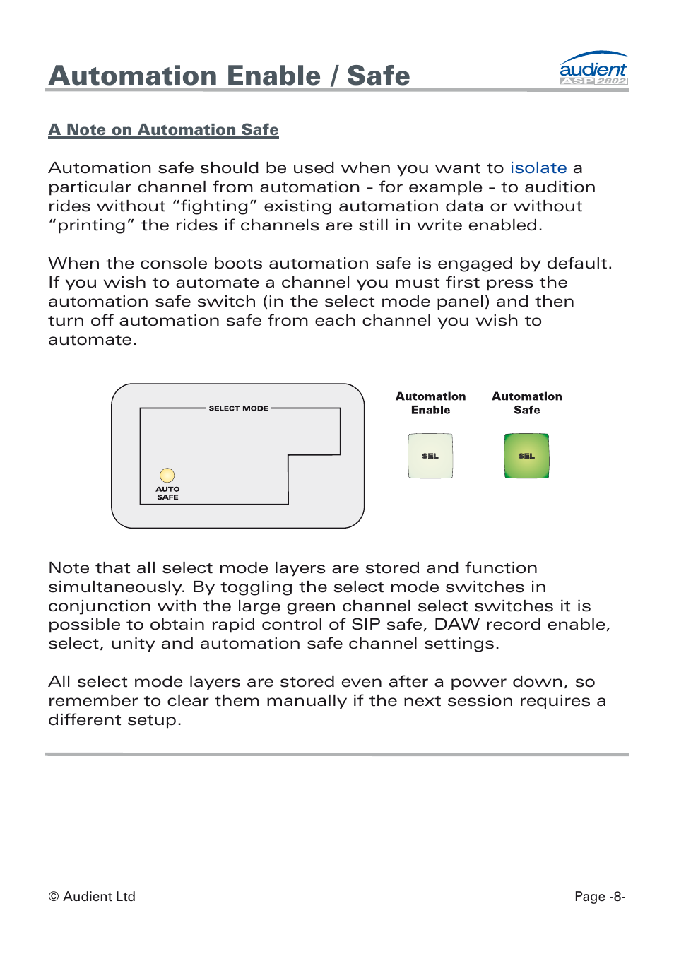 Automation enable / safe | Audient ASP8024 Dual Layer Control Module User Manual | Page 8 / 42