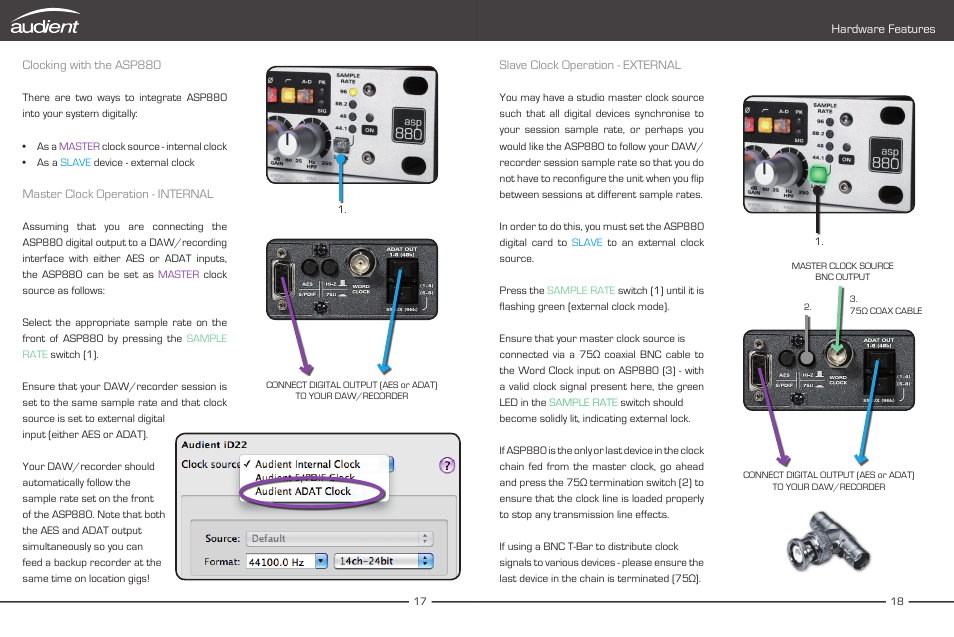 Clocking with the asp880, Master clock operation - internal, Slave clock operation - external | Hardware features | Audient ASP880 User Manual | Page 11 / 15
