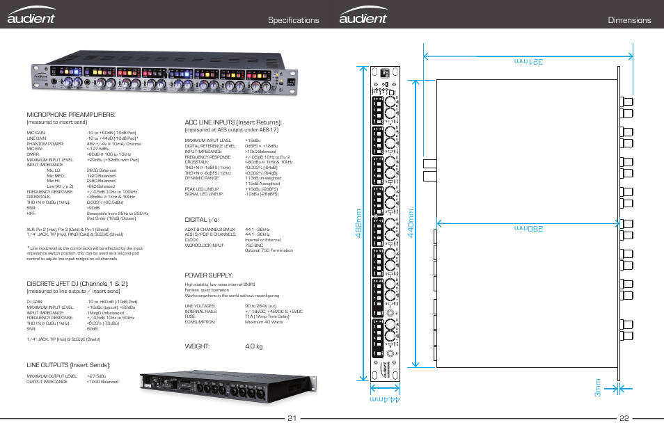 Specifications, Dimensions, Microphone preamplifiers | Adc line inputs (insert returns), Line outputs (insert sends) | Audient ASP880 User Manual | Page 13 / 15