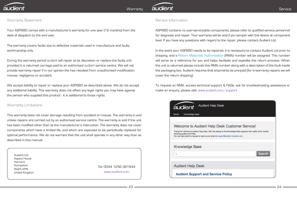 Warranty & contact, Service, Warranty warranty statement | Warranty limitations, Service information | Audient ASP880 User Manual | Page 14 / 15