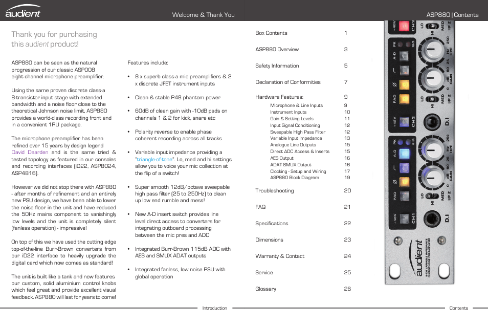 Product, Aud ient, Asp880 | contents | Audient ASP880 User Manual | Page 2 / 15
