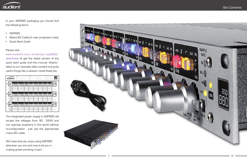 Contents 1, Asp880, Overview | Box contents | Audient ASP880 User Manual | Page 3 / 15
