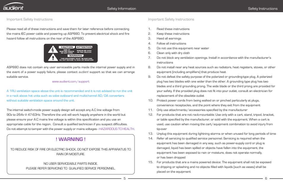 Safety, Information, Warning | Important safety instructions, Safety information, Safety instructions | Audient ASP880 User Manual | Page 5 / 15