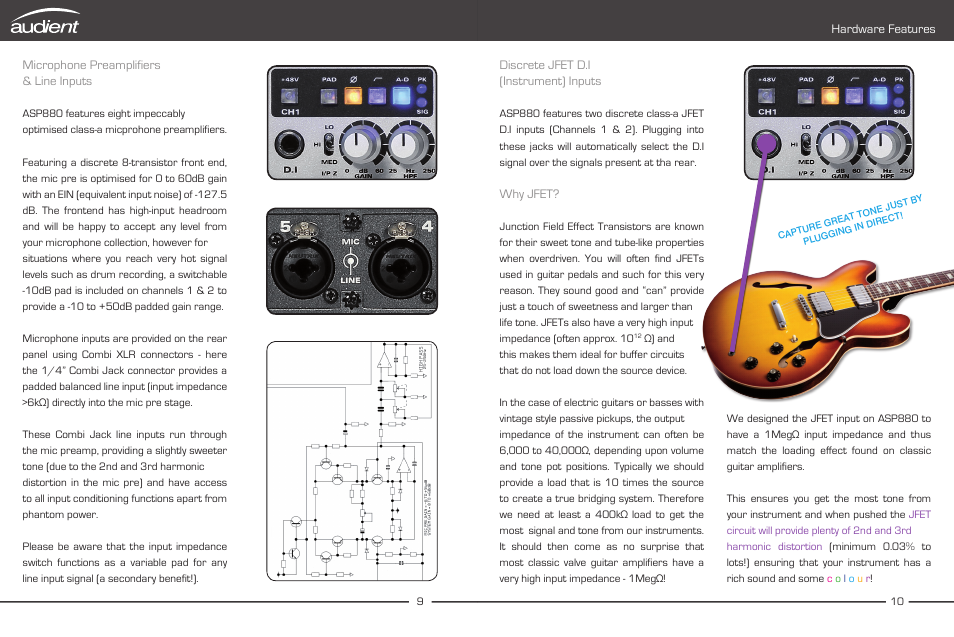 Hardware, Features, Microphone & line inputs | Instrument, Inputs, Gain & setting levels, Variable input impedance, Microphone preamplifiers & line inputs, Discrete jfet d.i (instrument) inputs, Why jfet | Audient ASP880 User Manual | Page 7 / 15