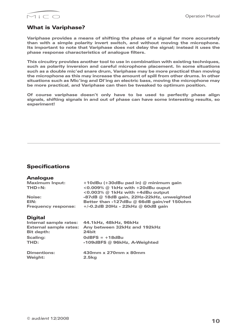 Specifications, What is variphase | Audient MiCO Dual Microphone Preamplifier User Manual | Page 10 / 11