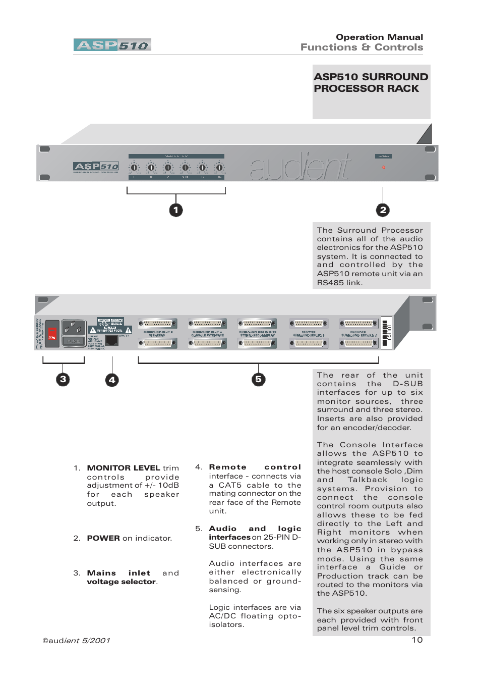 Asp510 surround processor rack, Functions & controls, Operation manual 10 | Audient ASP510 Surround Sound Controller User Manual | Page 10 / 18