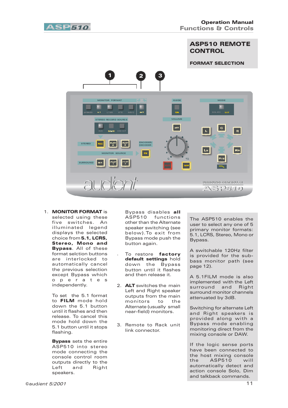Asp510 remote control, Format selection, Asp510 remote control format selection | Functions & controls | Audient ASP510 Surround Sound Controller User Manual | Page 11 / 18