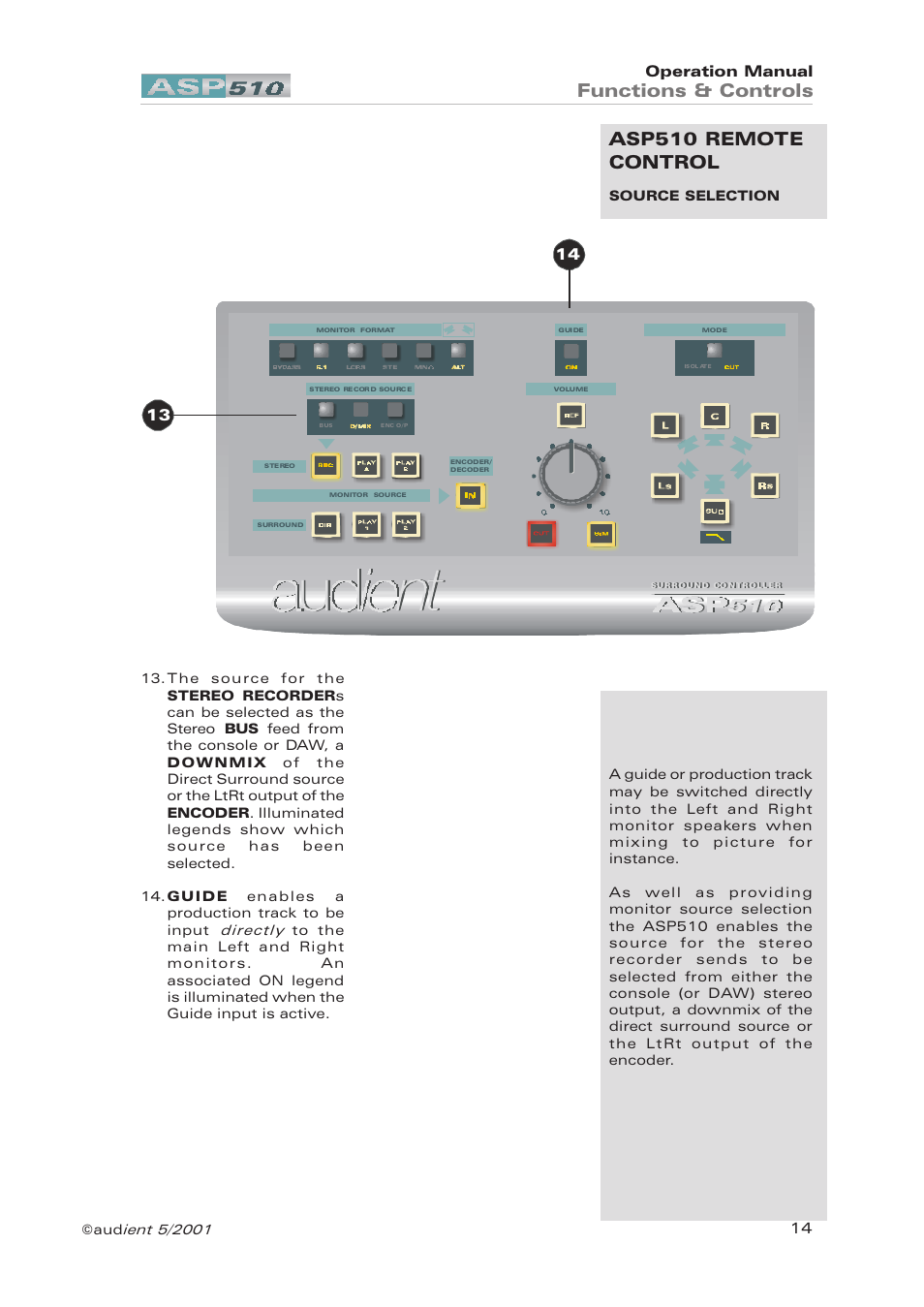 Functions & controls, Asp510 remote control, Operation manual 14 | Audient ASP510 Surround Sound Controller User Manual | Page 14 / 18