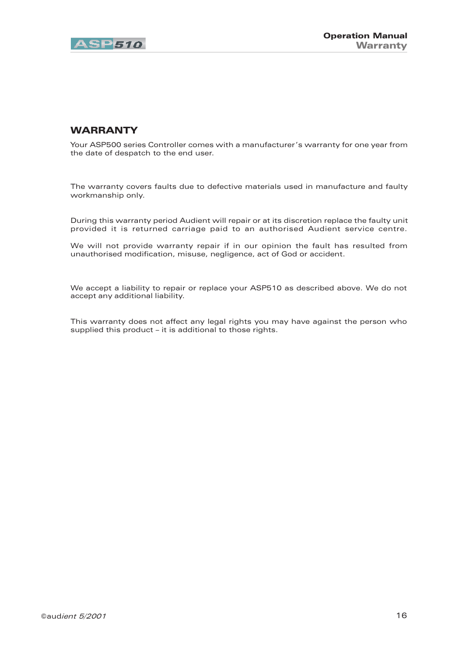 Warranty | Audient ASP510 Surround Sound Controller User Manual | Page 16 / 18