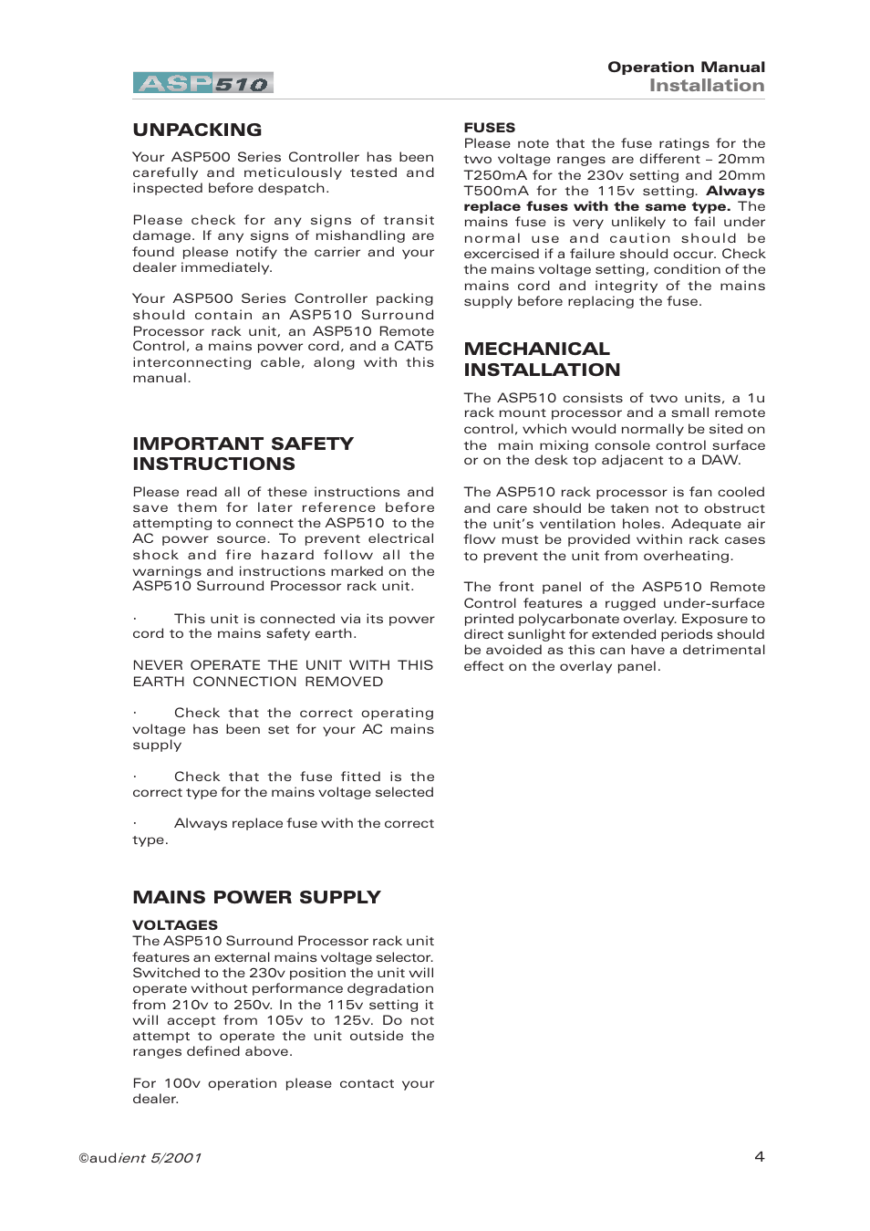 Unpacking, Important safety instructions, Mains power supply | Voltages, Fuses, Mechanical installation, Unpacking important safety instructions, Installation | Audient ASP510 Surround Sound Controller User Manual | Page 4 / 18