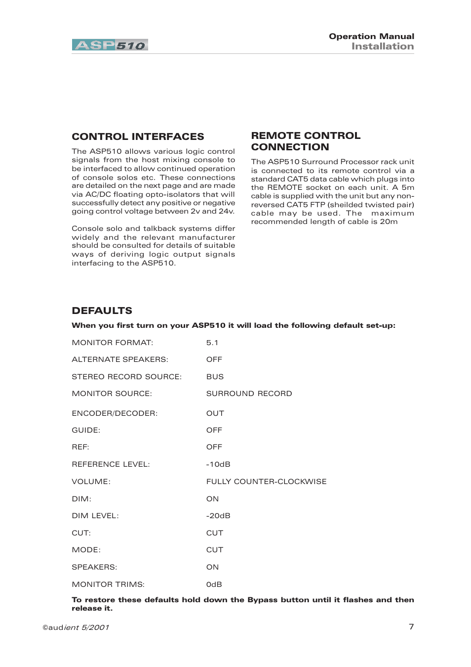 Control interfaces, Defaults, Remote control connection | Installation | Audient ASP510 Surround Sound Controller User Manual | Page 7 / 18