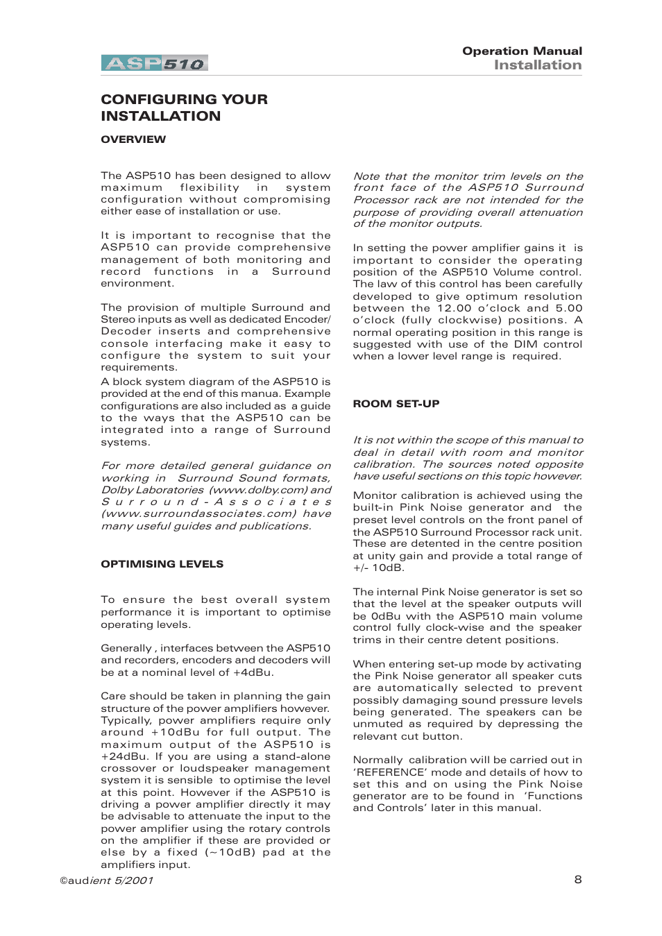 Configuring your installation, Overview, Optimising levels | Room set-up, Installation | Audient ASP510 Surround Sound Controller User Manual | Page 8 / 18