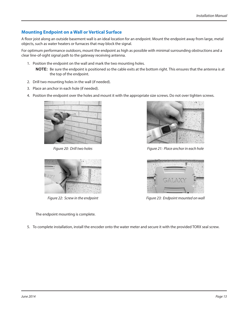 Mounting endpoint on a wall or vertical surface | Badger Meter GALAXY User Manual | Page 13 / 16