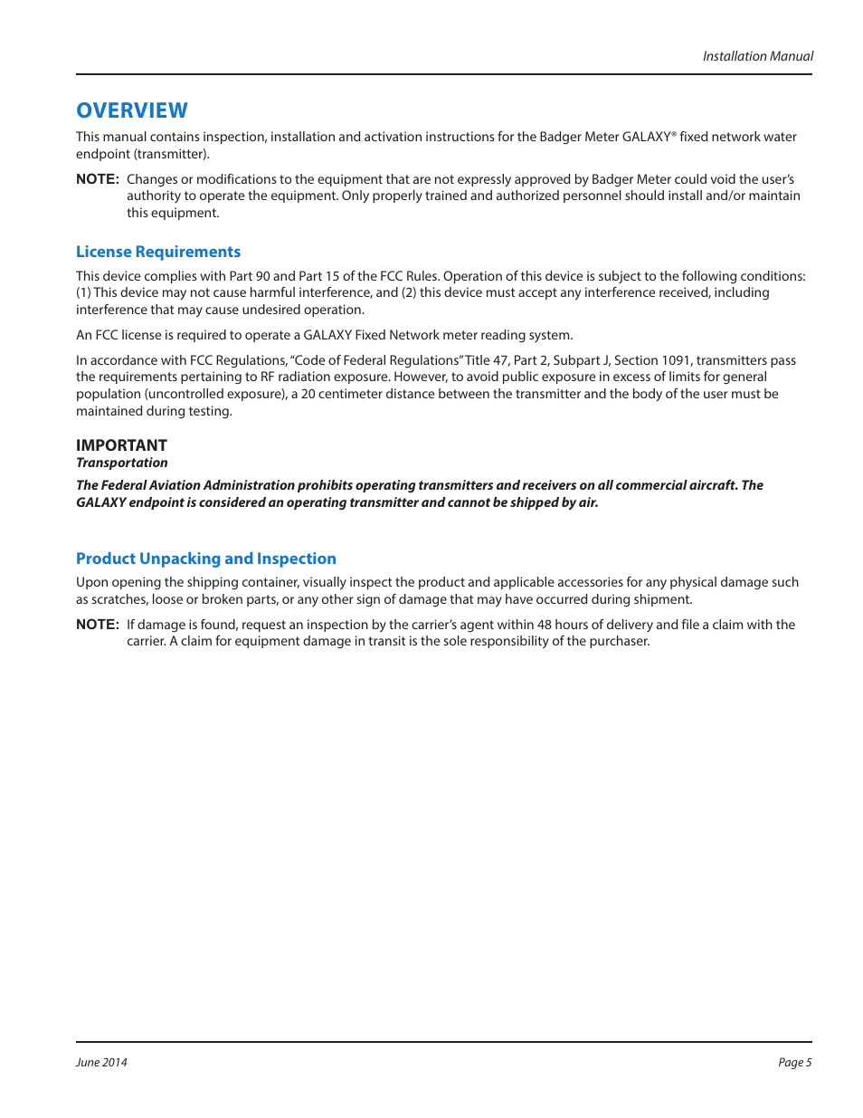 Overview, License requirements, Product unpacking and inspection | Badger Meter GALAXY User Manual | Page 5 / 16