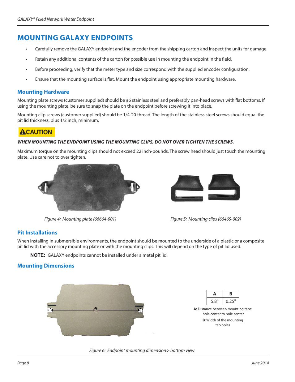 Mounting galaxy endpoints, Mounting hardware, Pit installations | Mounting dimensions, Mounting gtltxy endmoints | Badger Meter GALAXY User Manual | Page 8 / 16