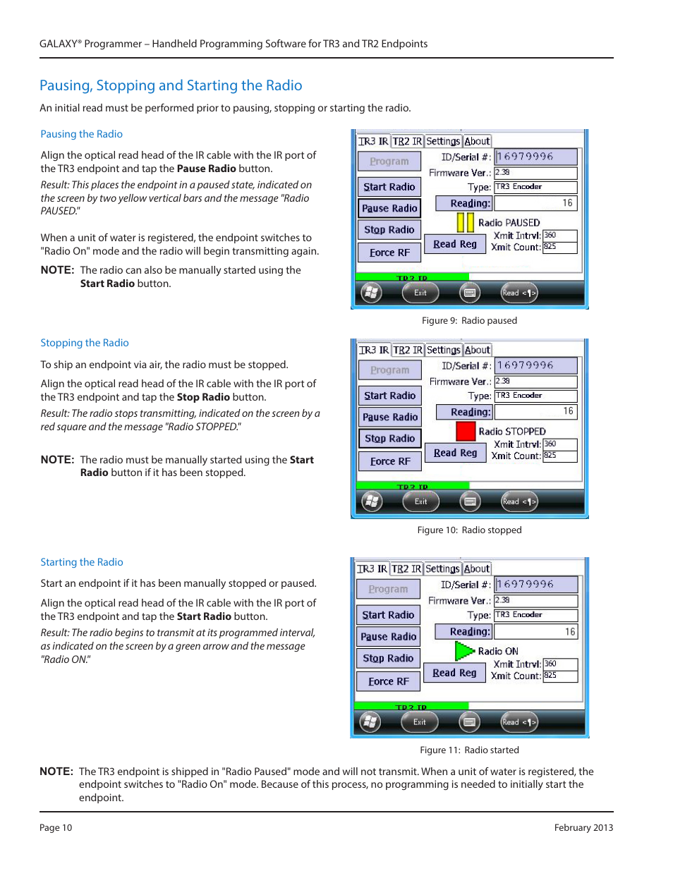 Pausing, stopping and starting the radio, Pausing, stopping and starting the radio 10 | Badger Meter GALAXY User Manual | Page 10 / 28