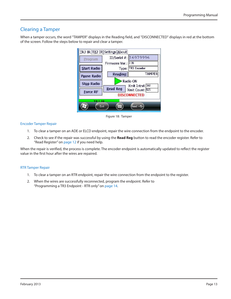 Clearing a tamper, Ade tamper repair, Rtr tamper repair | Clearing a tamper 13, Oder tamper repair 13 rtr tamper repair 13 | Badger Meter GALAXY User Manual | Page 13 / 28