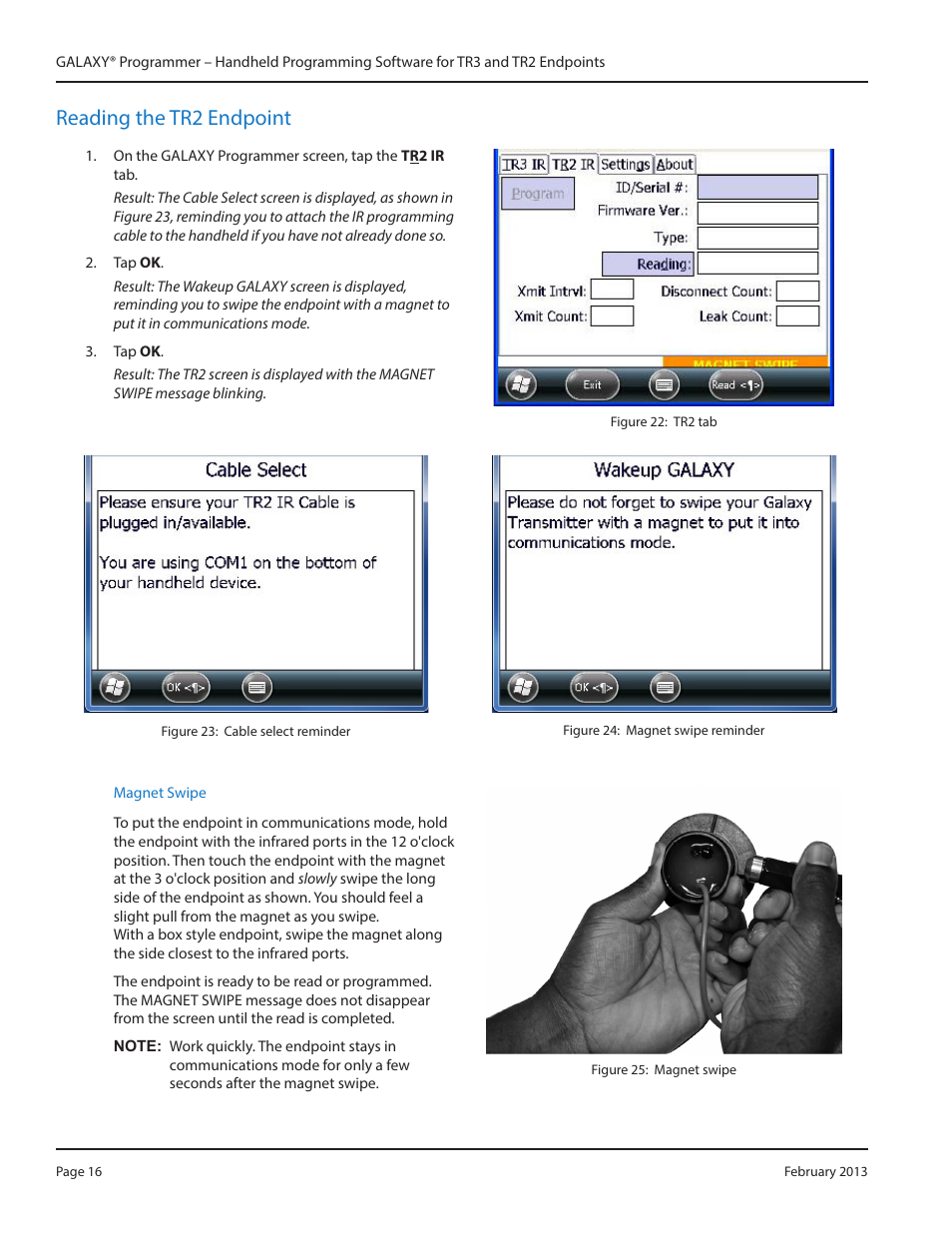 Reading the tr2 endpoint, Magnet swipe, Reading the tr2 endpoint 16 magnet swipe 16 | Badger Meter GALAXY User Manual | Page 16 / 28